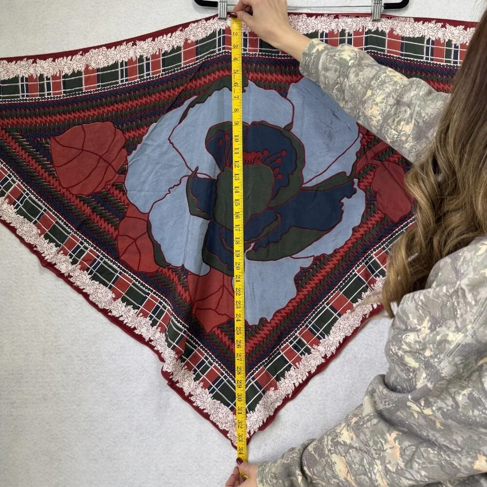 Lanvin Paris Scarf Womens One Size Silk Triangle Floral Plaid Made France Red